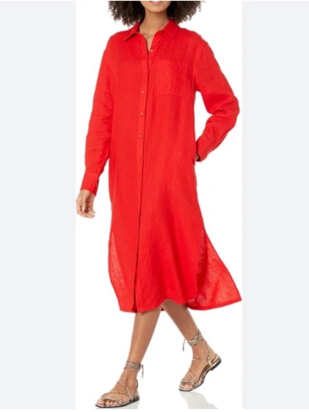 Flame Red Button-Up Fiona Shirt DRESS in 100% Linen by The Drop. New.